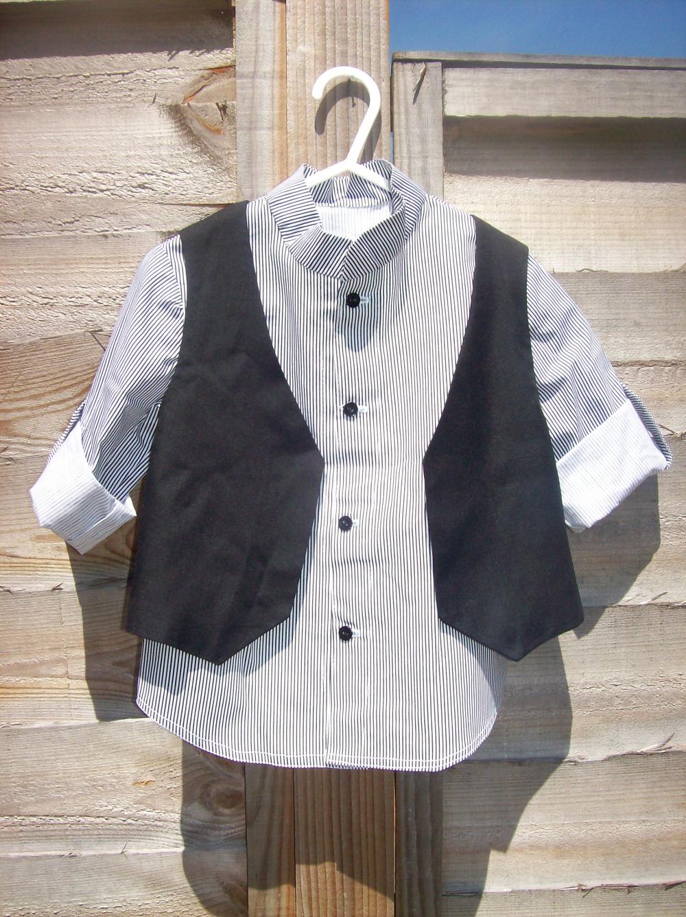 Boys black and white stripe shirt and waistcoat set. 